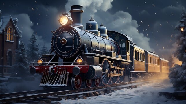 THE Fairy locomotive in holiday postcard style crossing from turnel in snowfall time Merry christmas.