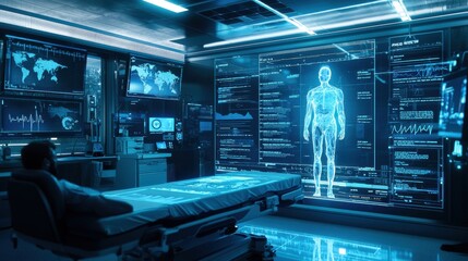 Obraz premium In a futuristic hospital, an AI system analyzes patient data with holographic medical charts and real-time diagnostics, enhancing accuracy in medical diagnosis and patient care.