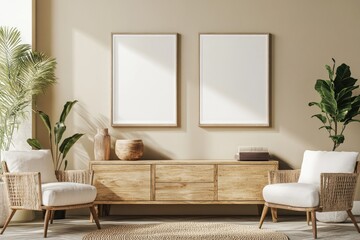 Modern Living Room Interior with Wooden Coating, 2 Posters, and Luxury Furnishings