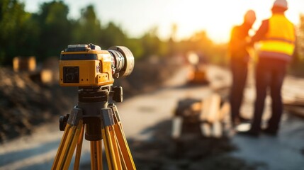 Theodolite capturing measurements as a surveyor consults road construction plans on-site