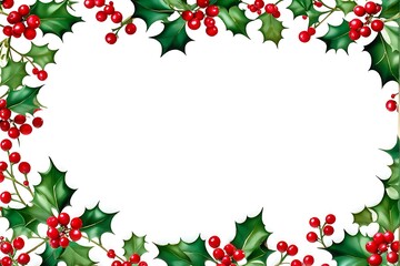 Fototapeta premium Festive Holly and Berry Pattern in Vibrant Red and Green Arranged as a Border on a White Holiday Background