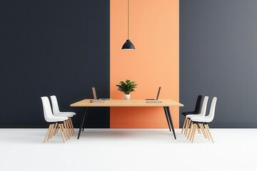 Fototapeta premium Modern office interior featuring a stylish desk, chairs, and a vibrant orange wall for a contemporary workspace.