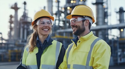Two engineers wearing protective gear and hard hats, smiling warmly with an out-of-focus industrial facility behind them