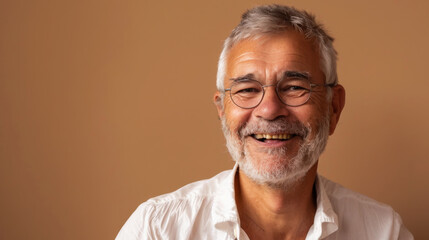 Obraz premium A cheerful senior man with glasses and a white beard is smiling warmly in a softly lit indoor setting.