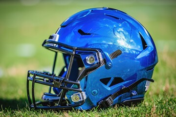 Fototapeta premium A blue football helmet sits atop a lush green field, perfect for sports or outdoor-themed designs