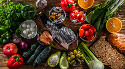 Food products representing the Mediterranean diet