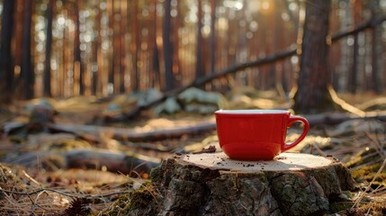 A Red Cup Of Tea On A Wooden Crust Fragrant Drink Spring Morning Forest