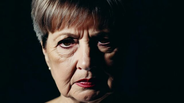 Dramatic close-up video of a middle-aged woman with pixie cut, transitioning from doubt to conviction with dramatic side lighting.
