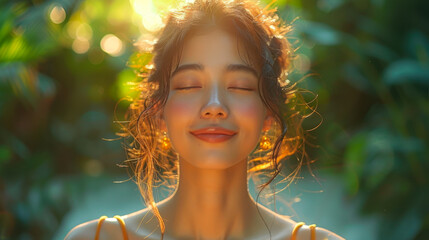A young woman enjoys the warm sunlight in a lush garden, calmly meditating amidst vibrant greenery and floral blooms