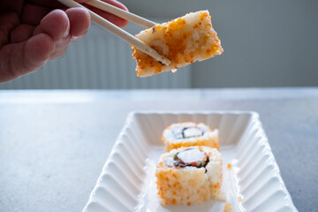 california roll sushi with crab in close up