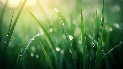 Obraz premium Dew-Covered Grass in Early Morning
