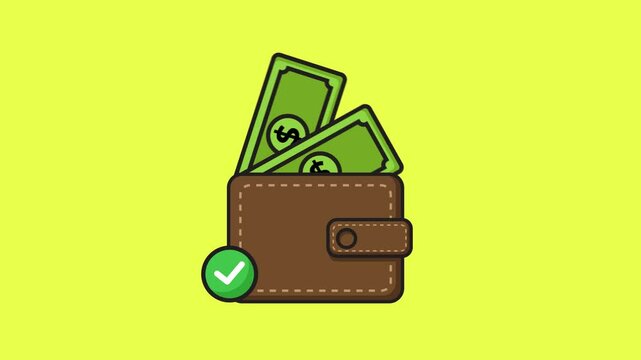 4k animation of wallet and money icons in flat line style on yellow background. 2d animation video footage