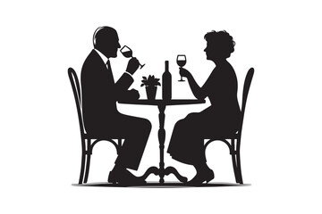 Old male and female drinking wine silhouette vector illustration