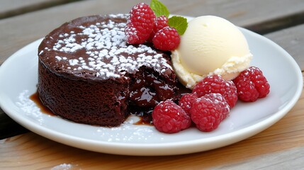 Chocolate Lava Cake with Ice Cream and Raspberries Dessert