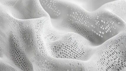 A close-up view of delicate, textured white fabric, showcasing its intricate patterns and soft, flowing appearance.