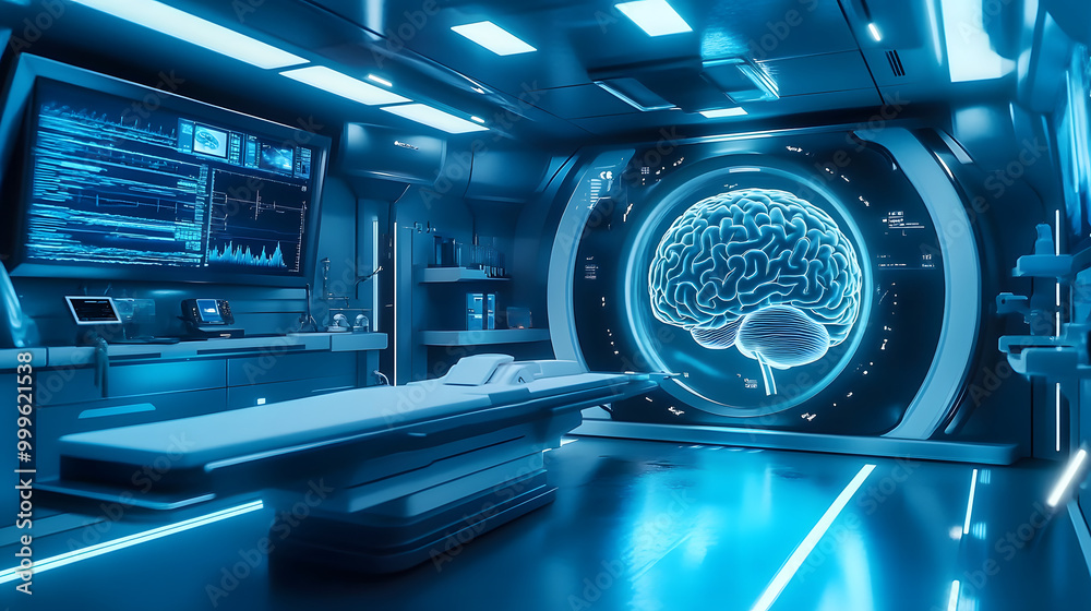 Poster futuristic laboratory with a large screen displaying a digital brain model and an mri machine.