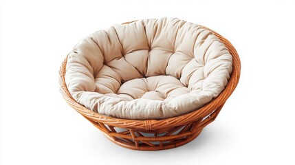 A round papasan chair with a deep cushion, isolated on a white background 