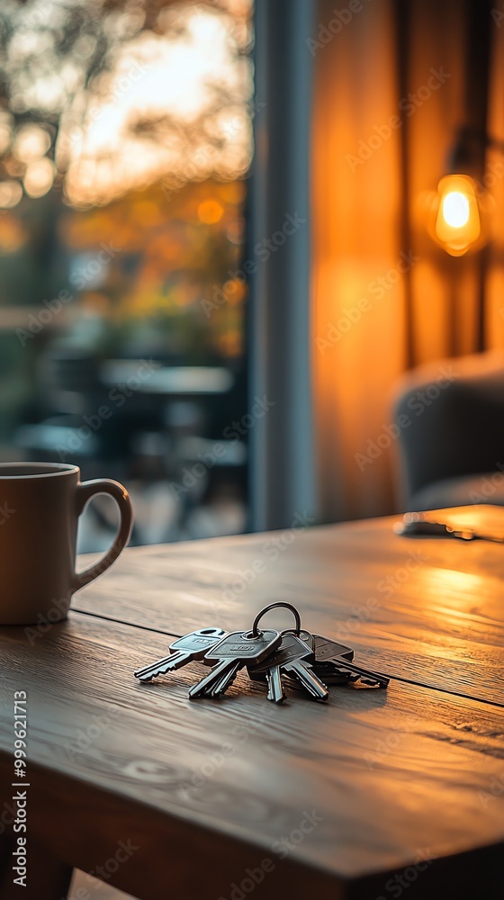 Aufkleber a bunch of keys lie on a wooden table in a room with an evening sunset view.