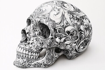 Fototapeta premium A black and white illustration of a decorative skull adorned with intricate floral patterns, showcasing artistry and craftsmanship. It exudes a playful and artistic atmosphere,...