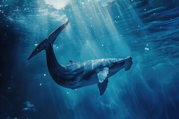 A humpback whale swims in the open ocean, its body undulating as it moves through the water