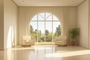 Fototapeta premium Beige Living Room with Arch Window: Modern Interior Design and Furniture Elements