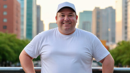 Fototapeta premium Plus size man wearing white t-shirt and white baseball cap standing on cityscape background