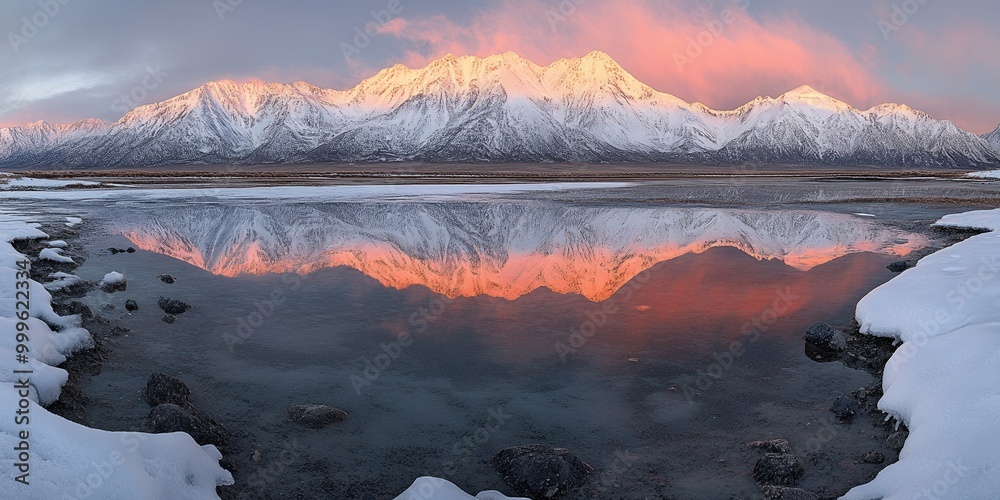 Canvas Prints A snowy mountain range reflected in a still lake at sunset.