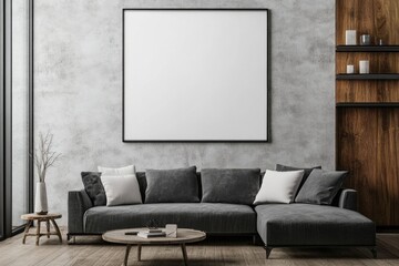 Contemporary Living Room Interior with Empty Poster on Wall. Modern Design Concept
