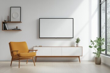 Minimalist Living Room Interior with Armchair and Cabinet TV on White Wall
