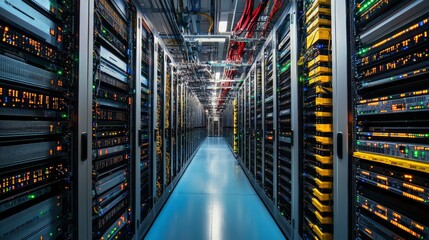 Fototapeta premium Modern Data Center with Organized Server Racks, Displaying Complexity of IT Infrastructure and Efficient Cooling Systems for Optimal Performance