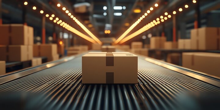 A cardboard box moves along a conveyor belt in a warehouse. - Powered by Adobe