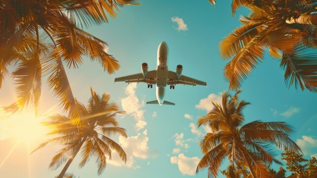 A plane soaring above palm trees, great for travel or adventure concepts
