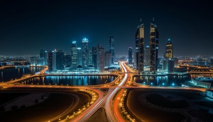 Fototapeta premium Bright city lights illuminate the night skyline