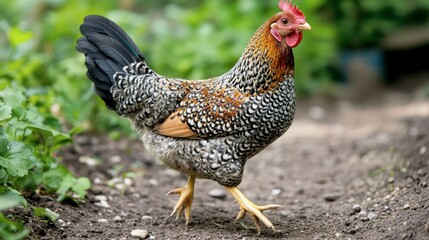 A close-up of a Belgian Uccle bantam chicken with its distinctive feathered feet, walking on a dirt path.