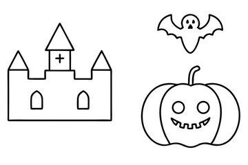 Halloween icon set . Pumpkin, Ghost, Bat, Grave, Vampire, Amazing Castle Black Icon for October 31 celebration. Spooky horror outline pictogram. Editable stroke. Vector illustration.