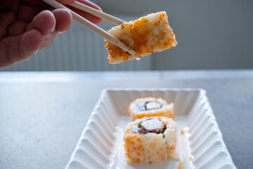 california roll sushi with crab in close up