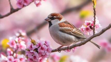 Fototapeta premium A close-up of a sparrow with its delicate features, sitting on a blooming cherry blossom branch in spring.