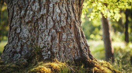 Obraz premium A close-up of the massive trunk of a big tree, with rough, textured bark and moss growing on its surface, showing the tree's age and resilience.