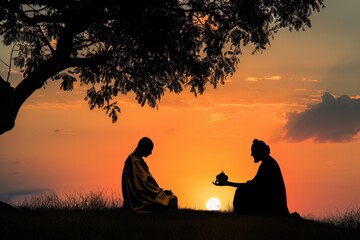 Two people enjoying the serene atmosphere of a forest at sunset