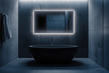 Modern Bathroom Interior with LED-Illuminated Mirror and Grey Partition Wall