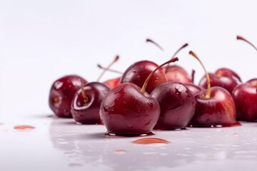 Cerezas sobre fondo liso blanco.