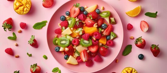 Fresh Organic Fruit Salad On Pink Plate Healthy Nutrition And Detox Diet Plan Flat Lay