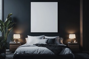 Contemporary Bedroom Interior Design with Large Bed and Empty Poster