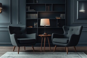 Contemporary Seating Area with Armchairs and Shelf in Modern Interior Design
