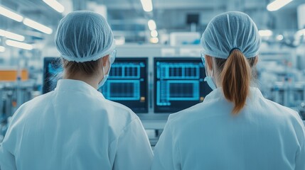 Obraz premium Scientists observe data on monitors in a modern laboratory environment.
