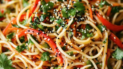 A colorful noodle salad with a mix of crunchy vegetables, herbs, and sesame seeds, tossed in a light vinaigrette.