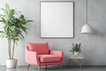 Scandinavian Minimalist Living Room Interior with Pink Armchair and Empty Poster Frame