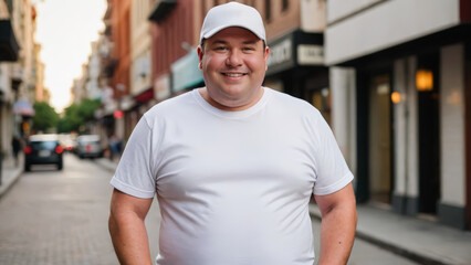 Plus size man wearing white t-shirt and white baseball cap standing on the street