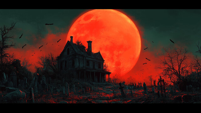 Sous un ciel nocturne d'Halloween, une maison silhouette se dessine dans la lumi&egrave;re du clair de lune, entour&eacute;e d'arbres et de chauves-souris, cr&eacute;ant un paysage effrayant et myst&eacute;rieux.