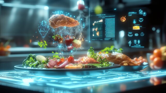A digital interface showing an AI system creating food pairings, with holographic images of meals and ingredients floating in the air, showcasing food tech innovation.